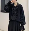 Camisa de Manga Larga con Cuello Retro de Puño Fruncido y Cordón para Hombre y Mujer Popular en Internet Europeo y Americano Distintiva Camisa de Corte Moderna