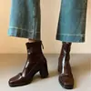 Botines de Tacón Alto con Punta Cuadrada Francesa de Piel de Vaca para Mujer Otoño Invierno Nuevos Botas Martin de Tacón Grueso Botas Elásticas Adelgazantes