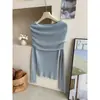 Top de punto vintage estilo francés de hombros descubiertos y manga larga para mujer, otoño e invierno, suave, estiliza, elegante, versátil, top básico
