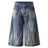 Jeans Retrô Americano com Padrão de Raio Masculino Verão Moda de Rua Marca Loose Casual Calça Cropped Calça de Perna Larga 2025