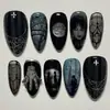 Wm-383 Quarta-feira Negra Unhas Postiças Amêndoa Transfronteiriça Halloween Preto Garota Cool 24 Peças Pontas de Unha Usáveis Atacado