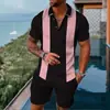 Conjunto de Polo con Cremallera de Moda Europea, Americana y Asiática Transfronterizo para Hombre, Polo Casual Estampado en 3D, Pantalones Cortos Casuales