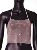 Top de rede sexy com strass YYF, Amazon transfronteiriço, design vazado, sem costas, top halter sexy, rede com strass brilhante