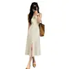 Vestido blanco de punto calado estilo francés para mujer, nuevo modelo de verano, entallado a la cintura, vestido largo adelgazante