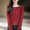Suéter de Tricô com Gola Redonda de Renda Novo Outono/Inverno 2026 Manga Longa Feminino Cor Sólida Solto Tricô em Ponto Trançado Camisa Base Top