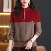 Cardigã de tricô estiloso com blocos de cor e gola alta, com fecho de zíper, caimento solto e efeito emagrecedor, perfeito como uma nova peça de sobreposição para mulheres de meia-idade.
