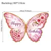 Novo painel de fundo para festa de aniversário com tema de borboleta rosa da Amazon, bandeirinhas de barbante, guirlandas penduradas e suprimentos de decoração