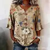 Nova camiseta feminina estampada com gola V e babados, camisa casual elegante para o trabalho no verão