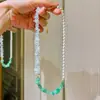 Colar Gargantilha com Design de Pérola de Cristal Artificial, Pedras de Cristal Branco e Jade Dongling Natural