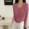 Chaqueta Cardigan Tejida Fina de Verano con Cuello en V y Corte para Mujer 2025 Nuevo Corto Transpirable Protector Solar Camisa Top Moda