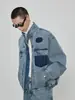 Jaqueta Jeans Curta de Algodão Tendência Outono/Inverno 2025, Lavada com Efeito Pesado Desgastado, Manga Dividida, Bolsos Múltiplos, Gola Alta, Silhueta Estilo Motociclista