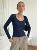 Camiseta de Tricô Curta Elegante para o Outono de 2026, Estilo Novo Europeu e Americano, para Trabalho Casual, Gola U, Slim Fit