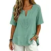 Primavera/Verano 2026 Nuevo Estilo Europeo y Americano Top Holgado con Cuello en V y Retazos de Algodón Lavado Transfronterizo Manga Corta Dobladillo Dividido Ropa para Mujer