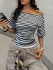Camiseta de Manga Corta Rayada de un Hombro Estilo Europeo Chica Picante para Mujer Top Bardot Adelgazante [Exclusivo Transfronterizo]