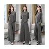 Novo Conjunto de Calças de Perna Larga para Primavera e Outono Feminino Redutor de Idade, Disfarça a Barriga, Emagrece, Moderno, Casual, Conjunto de Calças Culotes Duas Peças Temperamental Cinza