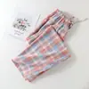 Venta al por mayor Envío directo Primavera Verano Algodón Lino Ropa de casa para mujer Cintura elástica Pierna ancha Pantalones cortos Casual Cómodo Pijama para el hogar