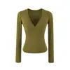 Estilo minimalista europeo y americano, tejido de alta elasticidad y resistente a las arrugas, cintura ajustada, longitud corta, escote en V pronunciado, camiseta de manga larga como capa base, top interior ajustado para mujer