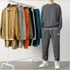 Conjunto Casual de Roupa Masculina com T-shirt de Manga Longa Waffle Tendência Primavera e Outono Cor Lisa Solto Roupas de Outono e Inverno