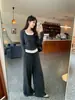 Conjunto de calça pantalona de manga longa cinza de falso duas peças, casual e versátil para o início do outono, com top cinza escuro