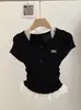 Playera de Punto de Manga Corta con Cuello Halter y Encaje para Mujer, Diseño de Verano 2025, Top Delgado y Versátil