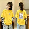 Nueva camiseta de estilo coreano para niñas, imitación de dos piezas, manga larga, camiseta básica de algodón puro para otoño, top versátil y elegante a la moda para niñas