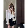 Blusa de renda com babados estilo coreano, cadarço, jacquard texturizado, decote V sutil, manga longa, modelagem solta para mulheres 26 H082110