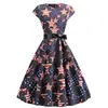 Vestido Retro Estilo Hepburn para Mujer con Cuello Redondo y Mangas Cortas, Estampado de Bandera Americana y Cinta Negra, Vestido de Dobladillo Amplio 8030
