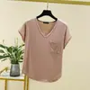 Camiseta Feminina de Manga Curta com Decote V em Modal para o Verão, Nova, Cor Sólida, Solta, Emagrecedora, Fina, com Bolso, Camisa Básica Top