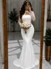 Vestido de novia de encaje europeo y americano de manga larga de 880W, silueta de sirena nupcial, ajustado, cuello alto, con cola blanca
