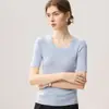 Camiseta base fina de punto de manga corta y cuello redondo 100% lana de hilo simple del Yangtsé para mujer, ajuste ceñido