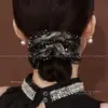 Goma para el pelo de organza con pedrería de cielo estrellado, de doble capa, para mujer, estilo de lujo ligero de alta gama, para peinado de moño