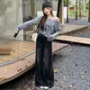 Pantalones vaqueros rectos de color negro y gris para mujer, diseño nuevo de verano transfronterizo 2026, pantalones de pierna ancha de longitud de suelo de estilo retro americano