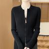 24 Otoño e Invierno Nuevo Estrictamente Seleccionado 100 Lana Pura Moda Personalidad Doble Cremallera Raya en Axila Suéter para Mujer Chaqueta Adelgazante