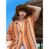 Camisa Cubana Vintage Étnica Vazada Tecida para Homens, Cor de Verão Color Block Manga Curta Tendência