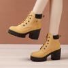 Salto Alto Salto Grosso Botas de Couro Genuíno Botas Ruibarbo Femininas 2025 Outono e Inverno Novo Solado Grosso Impermeável Plataforma Tamanho Grande Forradas com Lã Botas Curtas