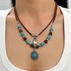 Colar étnico de turquesa rachado, colar boêmio exagerado, feminino, retrô, caracol, pêssego, coração, pingente, corrente de pescoço