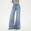 Calça Jeans Feminina Wide Leg Solta de Cintura Baixa Estilo Retrô Americano com Efeito Drapeado, Versátil Estilo Ins Outono/Inverno Novo Modelo