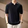 Camisa Polo de Tricô de Linho com Gola de Gaivota Estilo Old Money Italiano Camiseta de Manga Curta com Gola Lapela de Liocel Masculina de Verão