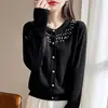 Cárdigan de punto elegante de lana fina transfronteriza 2026 otoño e invierno nuevo para mujer, corte holgado, cuello redondo, con botones de cuentas de alta gama