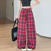 Pantalones de Lino a Cuadros para Mujer, Pierna Ancha, Adelgazantes y Versátiles, Cintura Alta, Caída Suelta, Nueve Puntos, Casual Rectos de Algodón y Lino, Cuadros Rosas