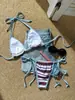 Bikini sexy retro a rayas azul claro con cuello halter y atado, superventas transfronterizo europeo y americano para mujer, 2026