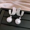 Brincos de Pérola em Forma de U com Zircônia Estilo Retrô Francês Luxo Leve Alto Padrão Brincos de Tarraxa Únicos Temperamento Fashionável Brinco Exquisito