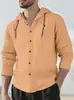 Camisa casual esportiva de manga longa com capuz, cor sólida, respirável, algodão e linho, masculina, europeia e americana, tamanho europeu, comércio exterior