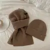 Bufanda gorro de punto de mezcla de lana estilo coreano perezoso para mujer, juego de color sólido versátil suave pegajoso engrosado cálido para el cuello