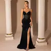 Vestido corset sexy de alta gama europeo y americano con soporte de ballena, tirantes finos, escote en V, con pliegues y abertura alta, vestido de fiesta de satén