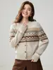 Cárdigan de Punto Jacquard Geométrico Retro Estilo Fair Isle Otoño Invierno para Mujer Cuello Redondo Botón Manga Larga Corte Holgado Suéter Ropa de Abrigo