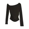 Cuello asimétrico, hombros descubiertos, cintura fruncida, top básico para mujer, estilo básico de otoño, corte ajustado, camiseta de manga larga