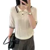 Blanco Color-Blocking Verano Versátil Nuevo Color Sólido Viajero Ajustado Único Chic Tejido Cuello Polo Manga Corta Top