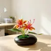 Nova Planta em Vaso Pequeno de Jasmim Dourado Seda Ornamento para Mesa de Sala de Estar de Casa Vaso de Pedra Simulada Planta em Vaso de Flor Artificial