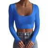 Nuevo Producto Estilo Europeo y Americano Amazon Aliexpress Camiseta de Manga Larga con Cuello Redondo Grande, de Canalé, Ultracorta, Ajustada, Adelgazante 2025 Estilo Corto